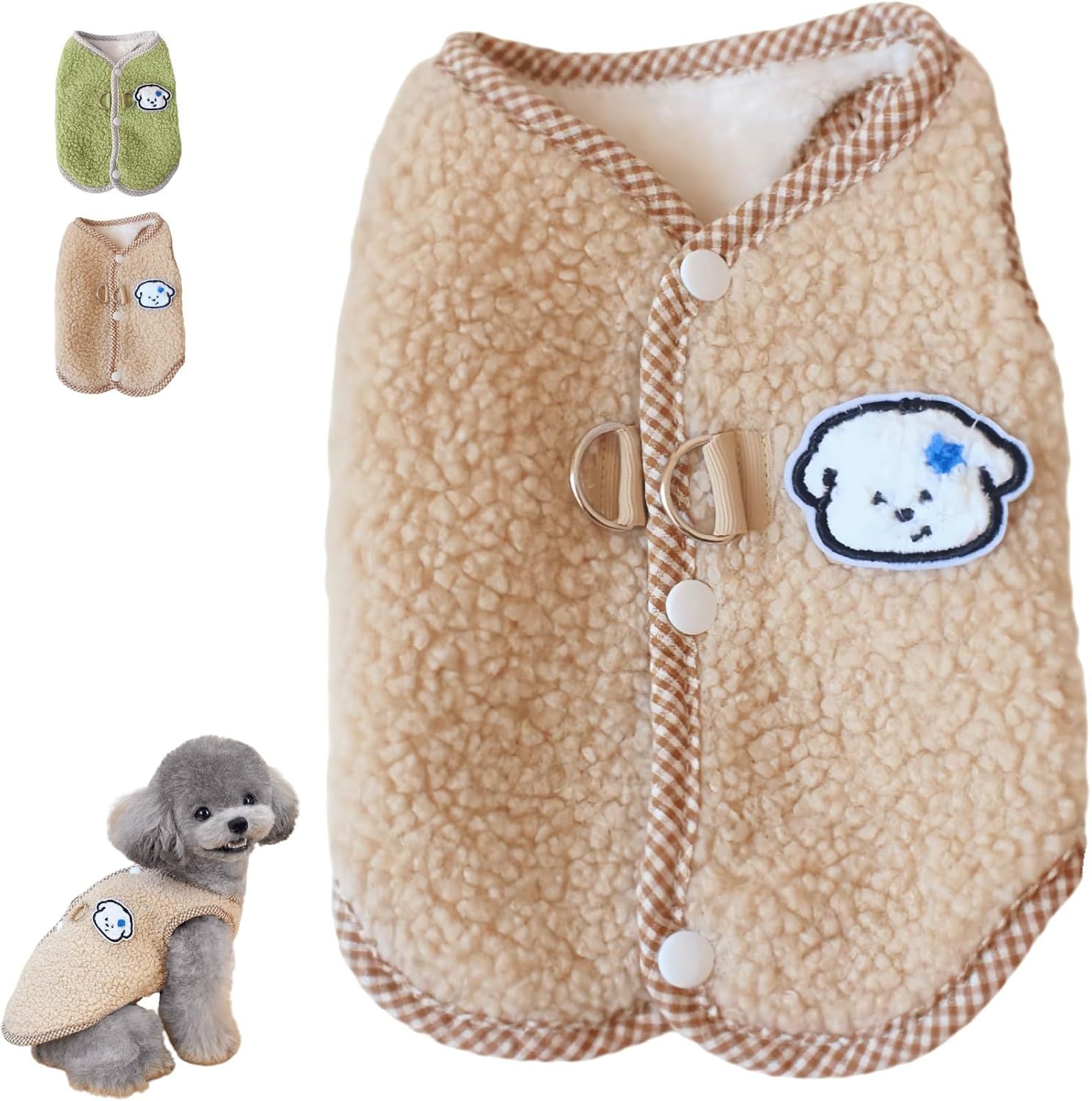 Gilet en polaire beige pour chien, doux et confortable, parfait pour les petites races en automne et hiver.