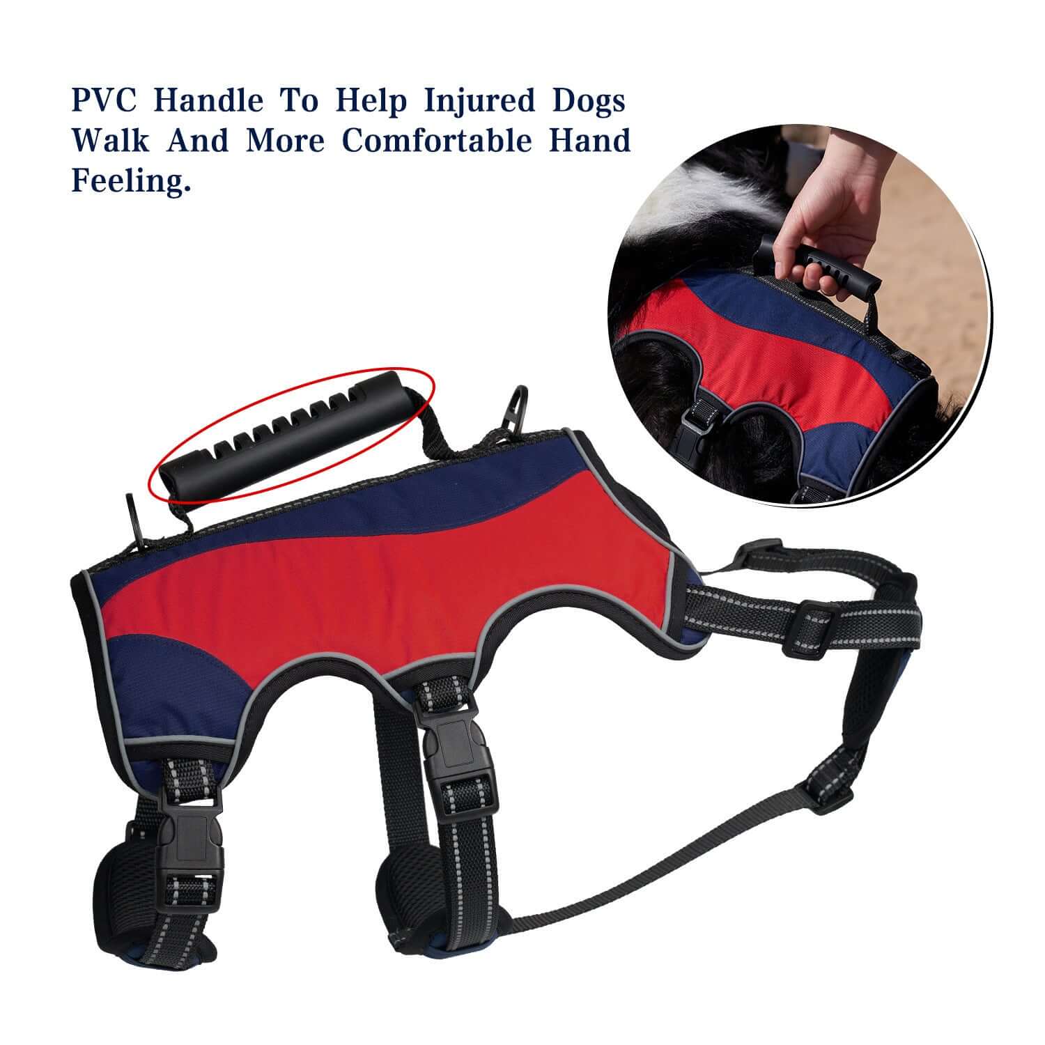 Gilet de traction pour grand chien avec poignée PVC, offrant confort et soutien pour les chiens blessés.