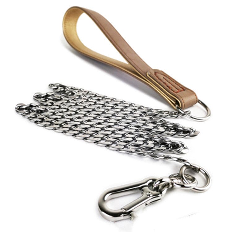 Laisse pour chien en acier inoxydable avec poignée en cuir, durable et résistante aux morsures.