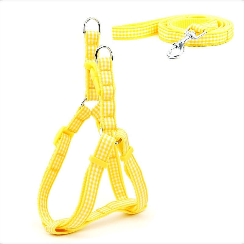 Laisse et harnais jaune à pois pour petits chiens, durable et confortable pour des promenades élégantes.