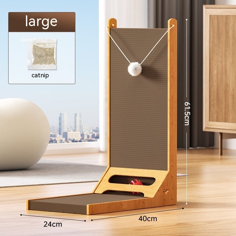 Griffoir vertical pour chat en carton ondulé, design moderne, dimensions 61.5 x 40 x 24 cm, idéal pour le grattage.