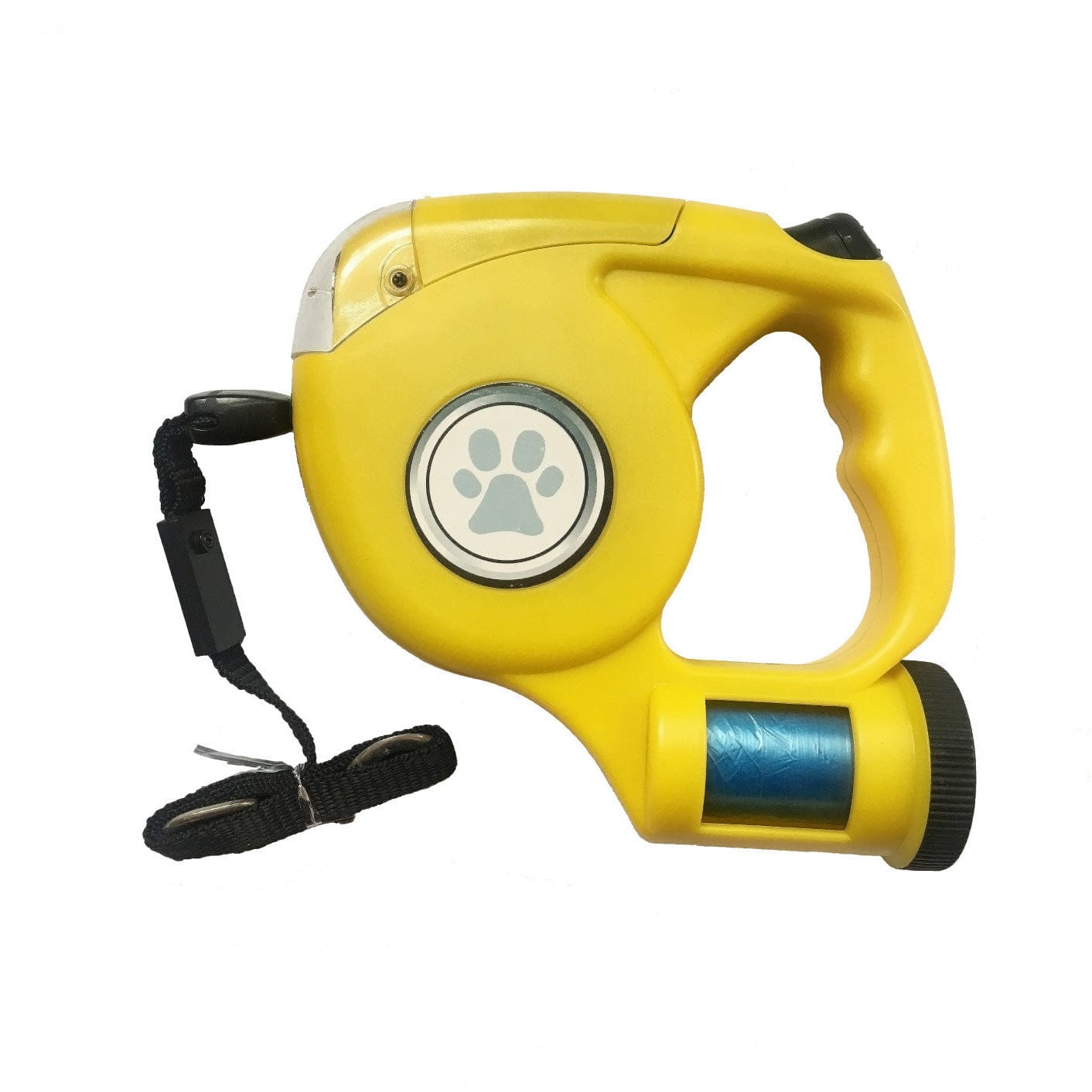 Laisse rétractable pour chien jaune avec lampe torche intégrée, pratique pour les promenades en extérieur.