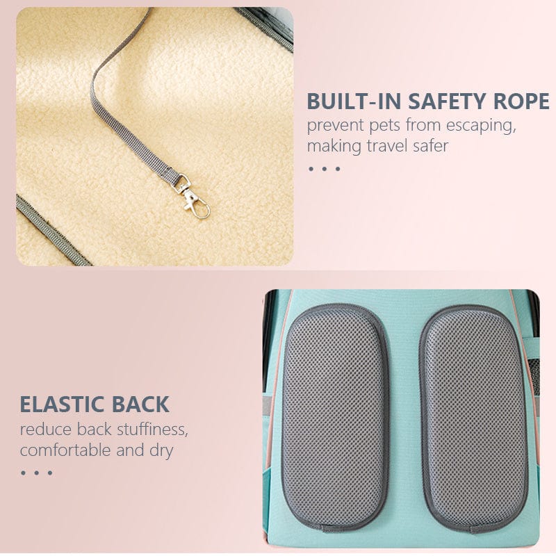 Image of a pet backpack showing built-in safety rope and elastic back for comfort and safety during travel.