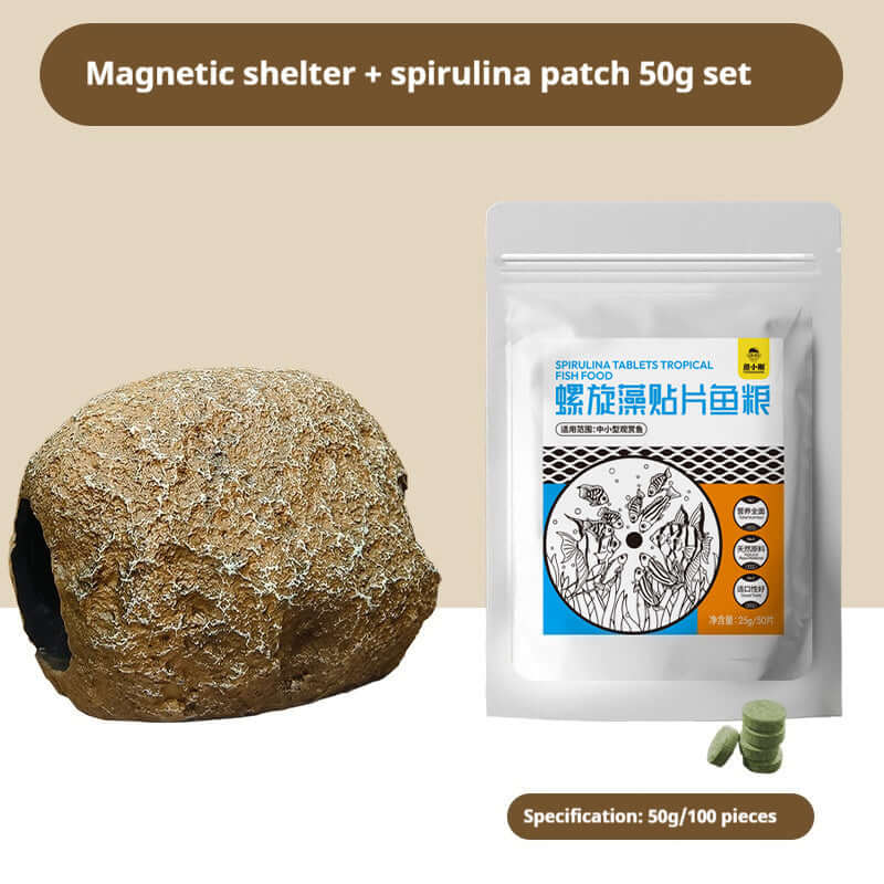 Ornements magnétiques pour aquarium avec patch de spiruline de 50g, habitat idéal pour poissons.