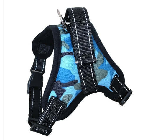 Harnais pour chien en nylon bleu camouflage, offrant confort et sécurité lors des promenades.