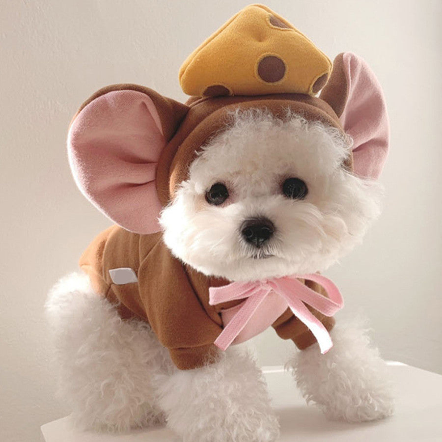 Chien en pull doux avec oreilles de souris et chapeau fromage, vêtements pour animaux tendance.