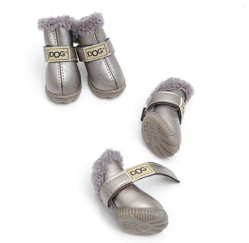Bottes d'hiver épaisses pour chiens en cuir argenté, chaudes et imperméables, avec fourrure douce.
