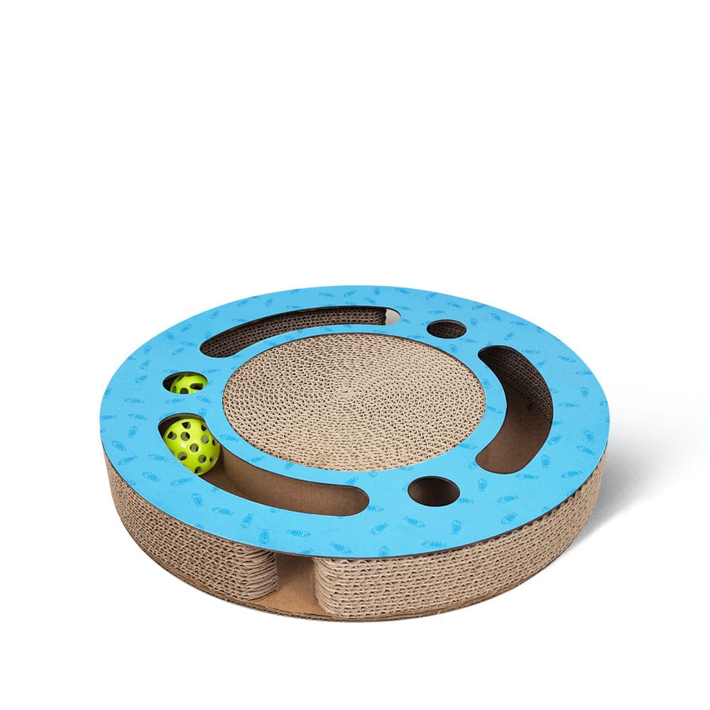 Planche à gratter pour chats, jouet interactif en carton avec balle, design simple et élégant.