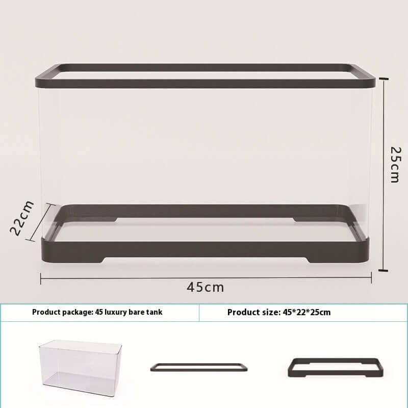Aquarium acrylique transparent avec dimensions de 45x22x25cm, élégant et moderne pour poissons.