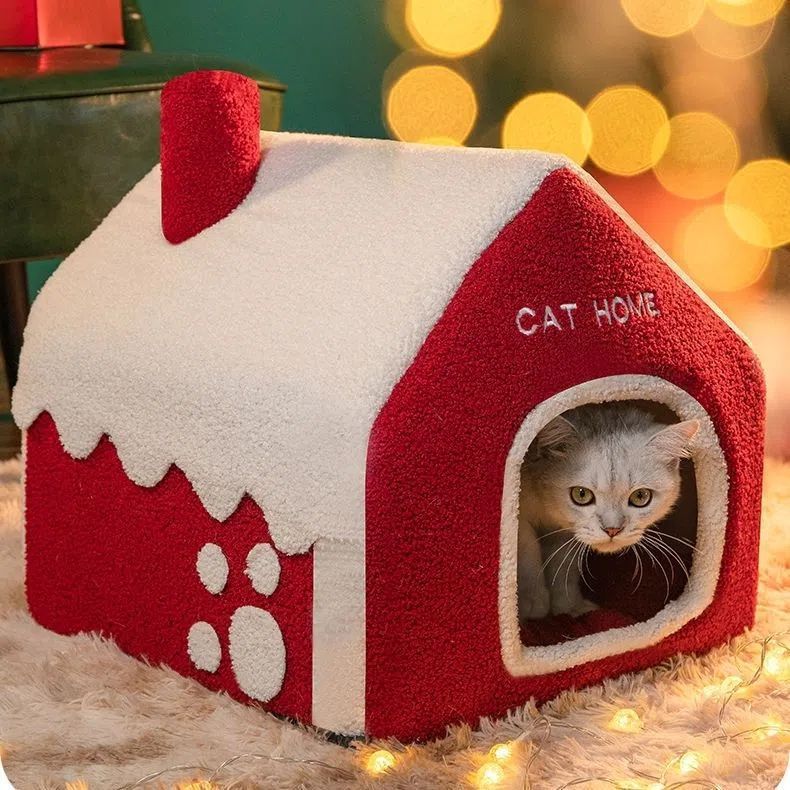 Lit pour animaux de compagnie en forme de maison de Noël