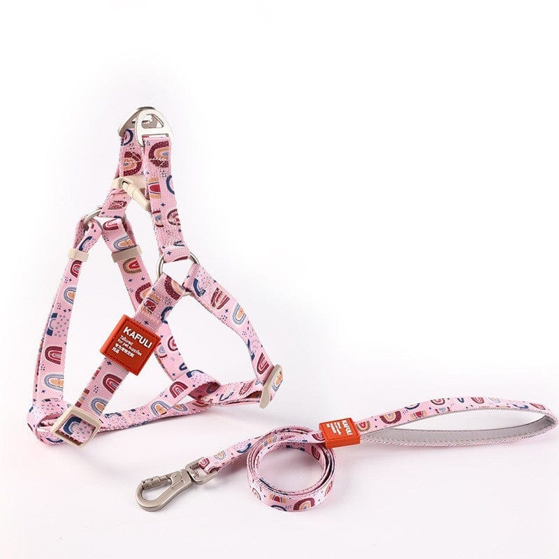 Harnais et laisse pour chien en rose avec motifs colorés, idéal pour le confort et la sécurité lors des promenades.