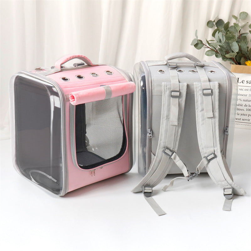 Sac à dos de transport transparent pour chat, design moderne en rose et gris, idéal pour voyages avec animaux.