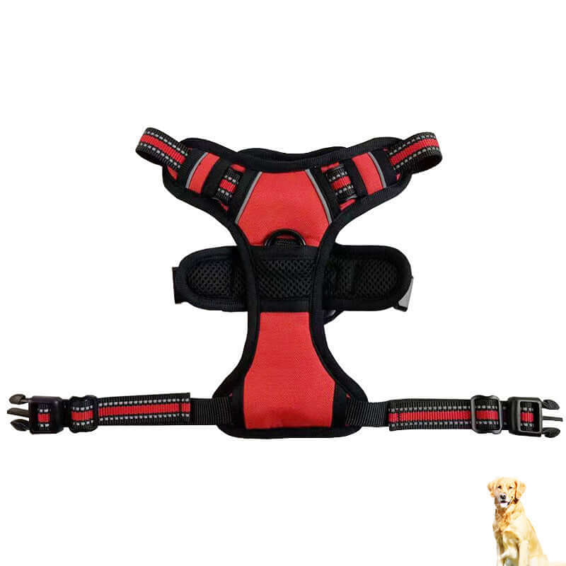Harnais de traction pour chien rouge avec sangle réglable, conçu pour le confort et la sécurité des animaux.