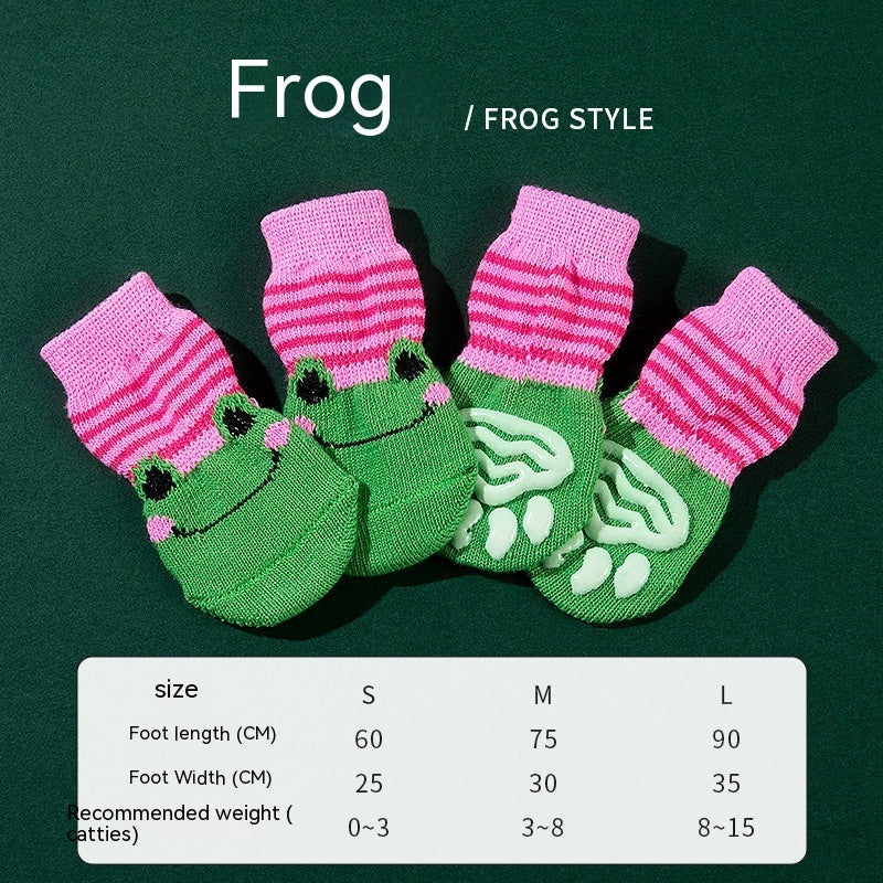 Chaussettes antidérapantes en polyester motif grenouille, adorables et pratiques pour animaux.