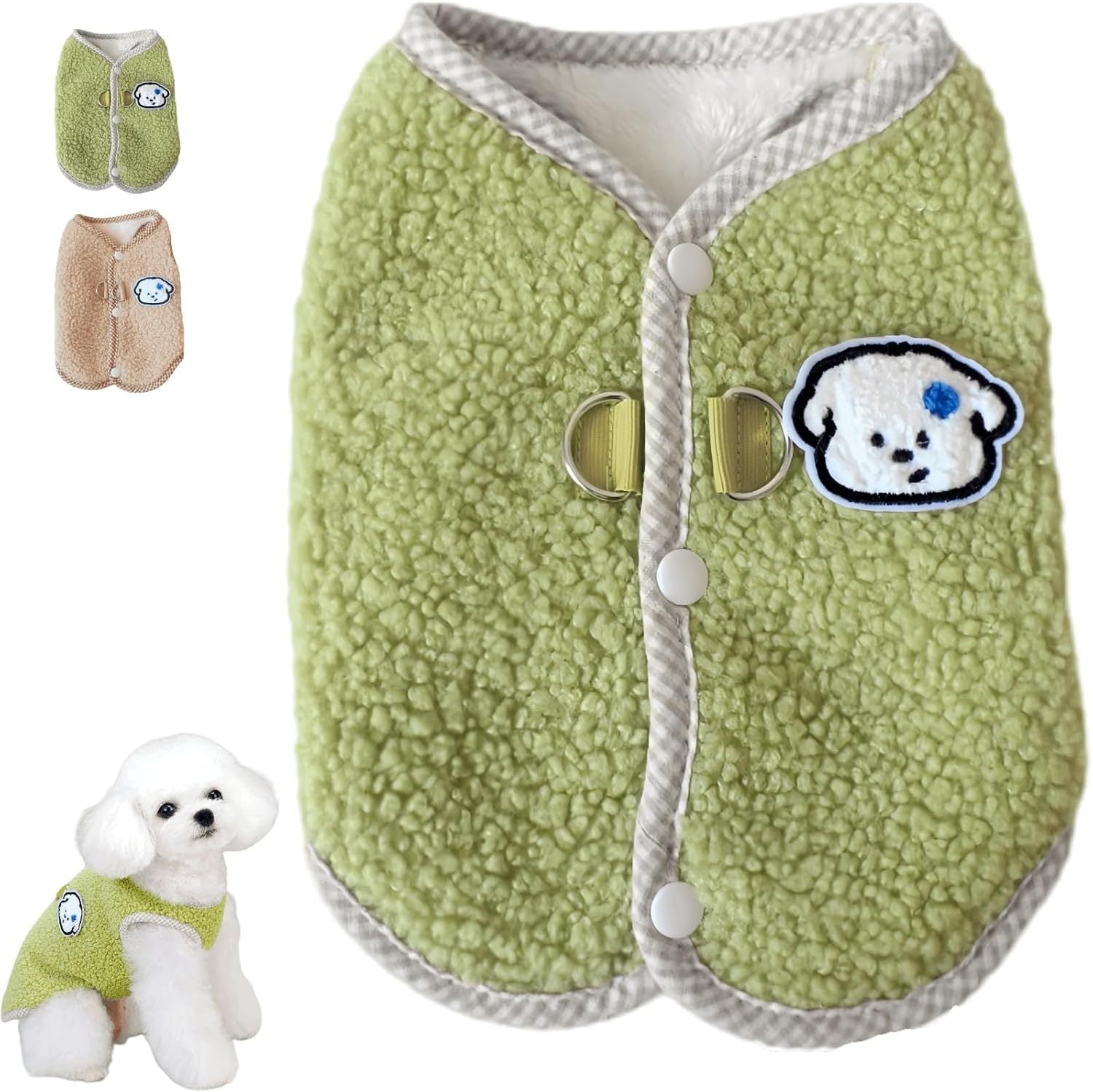 Gilet en polaire vert pour chien avec boutons, idéal pour garder votre animal au chaud pendant l'hiver.