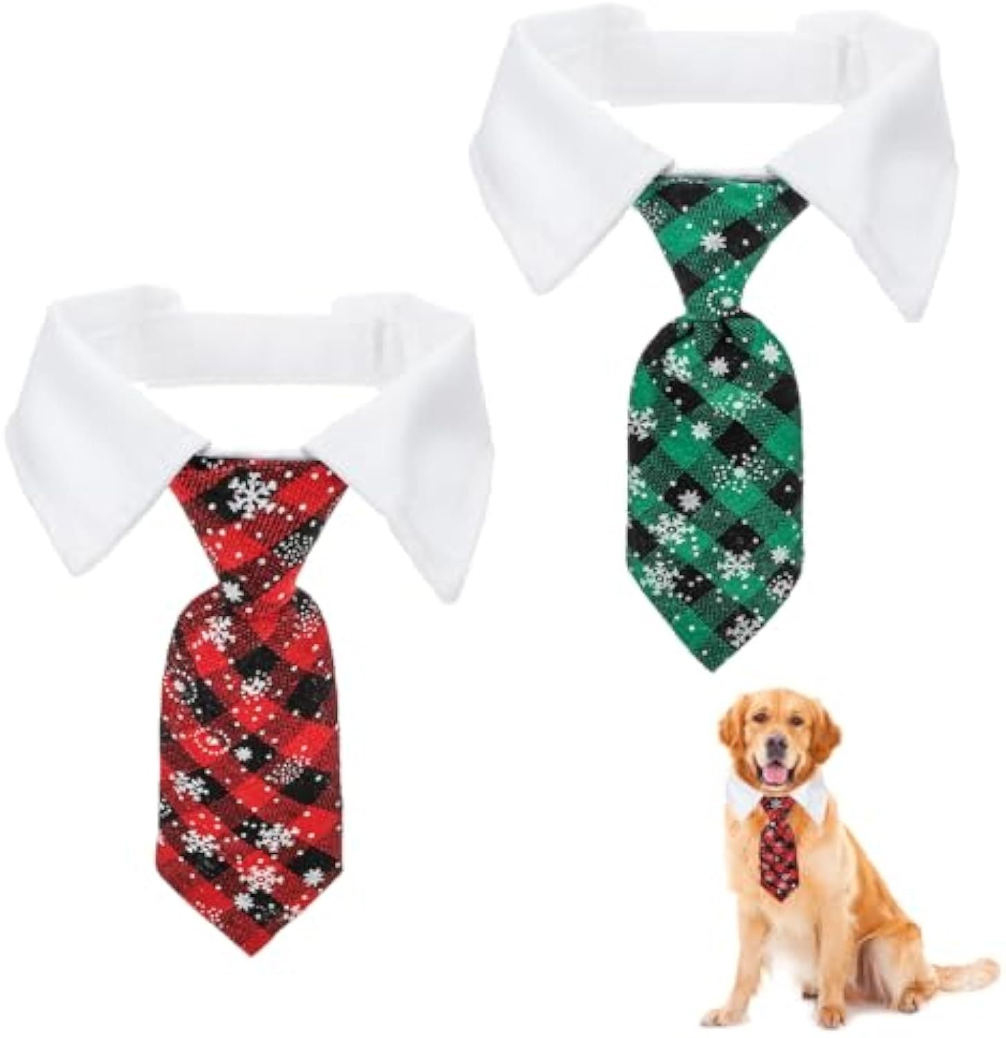 Nœud papillon de Noël pour chien en motif plaid rouge et vert, avec flocons de neige, porté par un golden retriever.