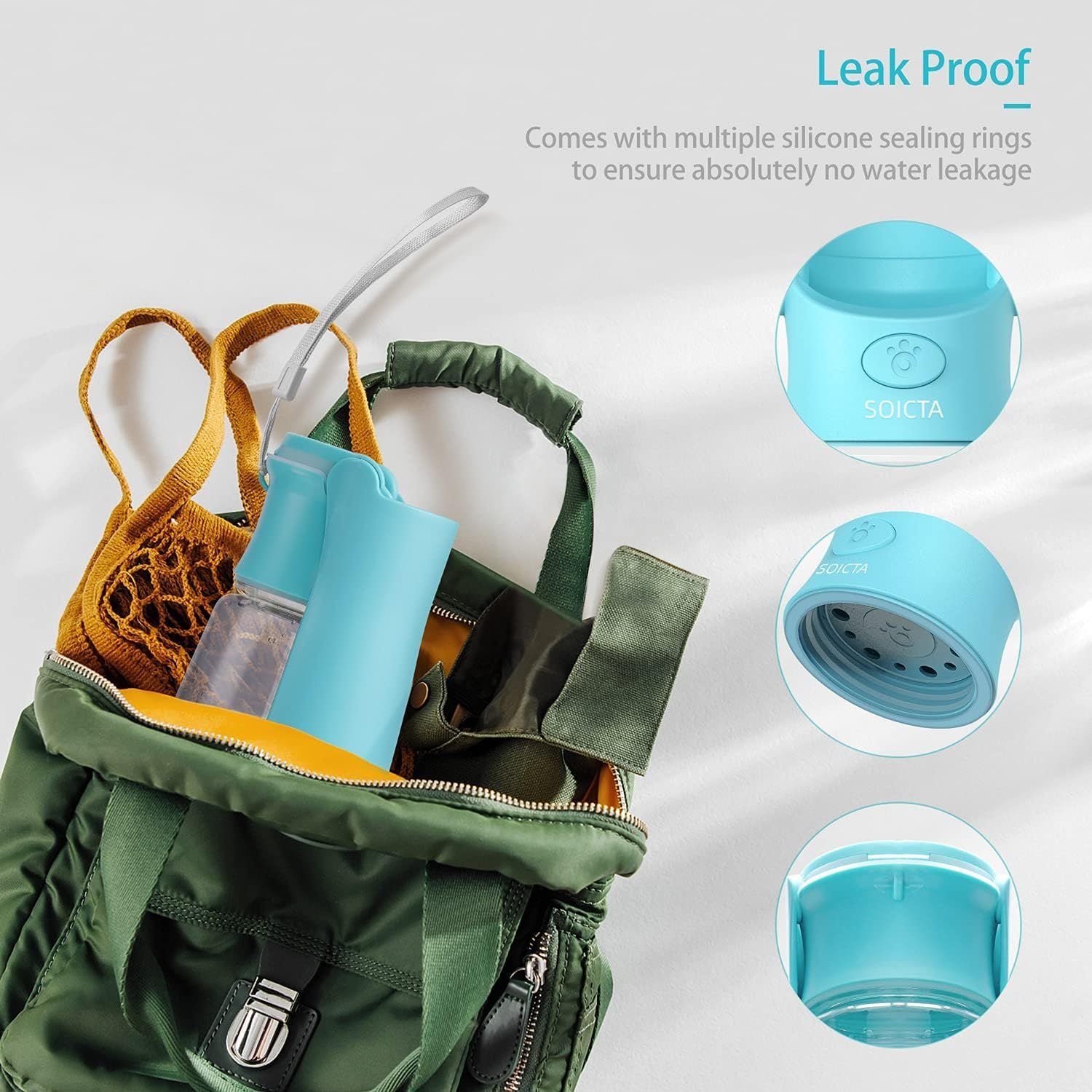 Bouteille d'eau portable pour chiens, résistante aux fuites, dans un sac à dos avec accessoires pour animaux.