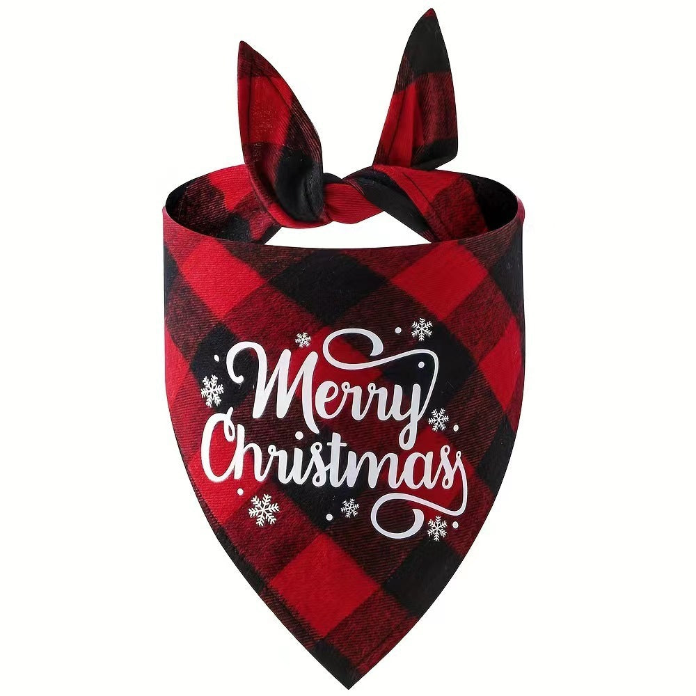 Écharpe triangulaire de Noël en plaid rouge, avec inscription 'Merry Christmas' pour animaux de compagnie.
