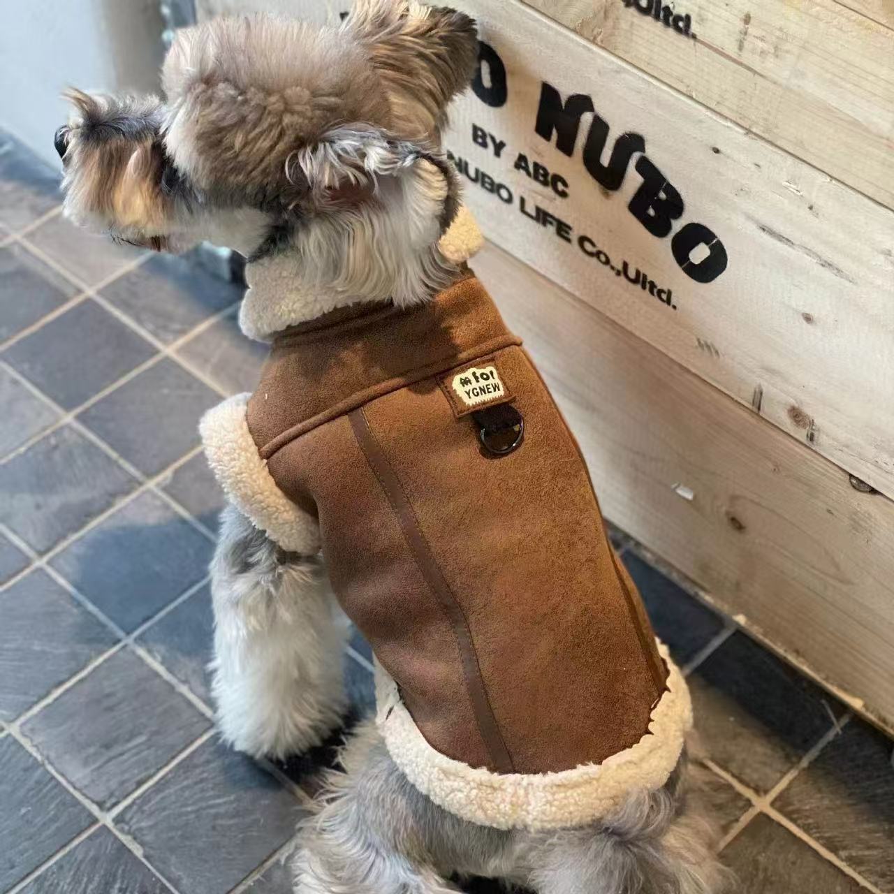 Chien avec une veste douillette en fleece couleur marron, idéale pour l'hiver et le confort des animaux.