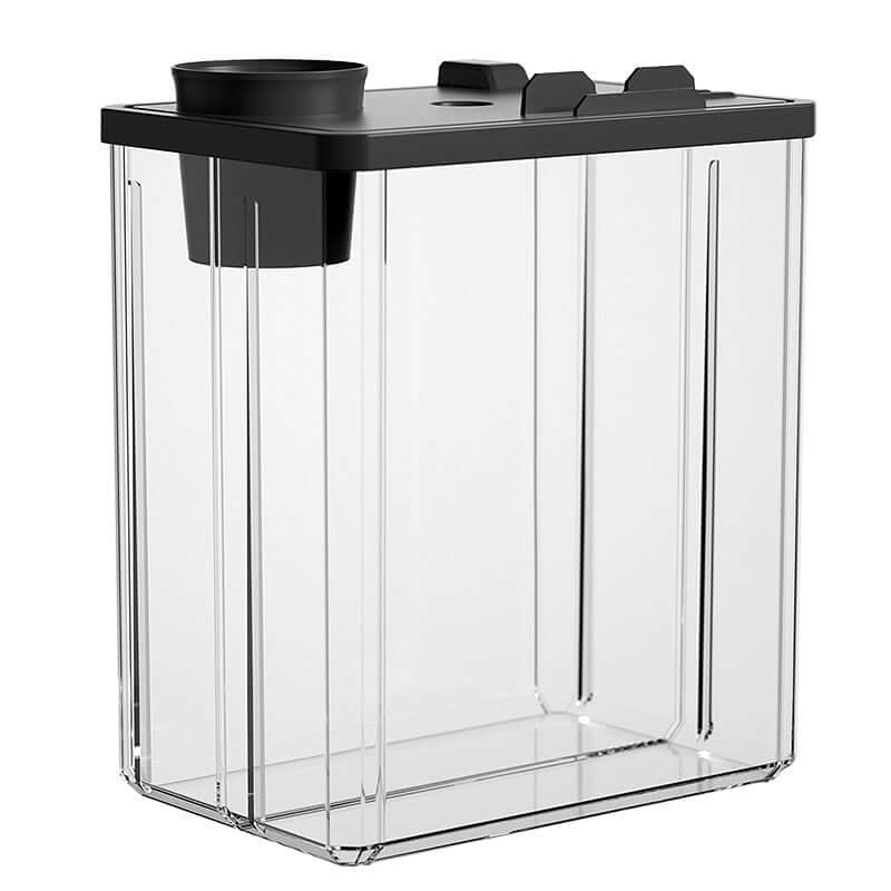 Conteneur en plastique transparent avec couvercle noir, idéal pour le rangement et l'organisation.