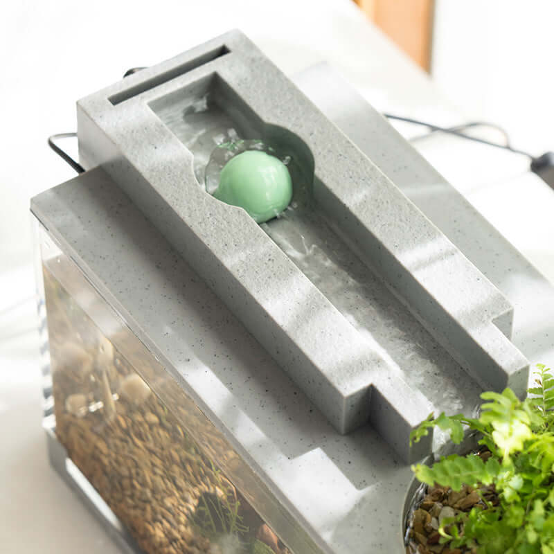 Vue du filtre d'un aquarium miniature au design moderne, avec eau et plantes intégrées.