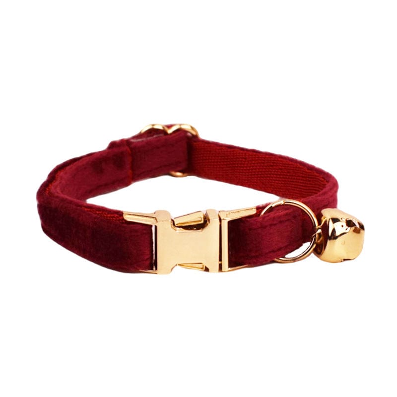 Collier pour chat en velours rouge avec cloche dorée, élégant et confortable pour un look unique.