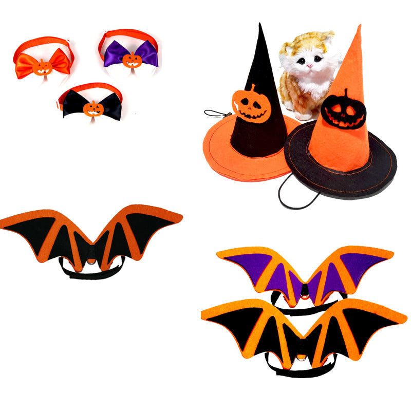 Costume de Halloween pour animaux avec ailes de chauve-souris, chapeaux et nœuds papillon orange et noir.