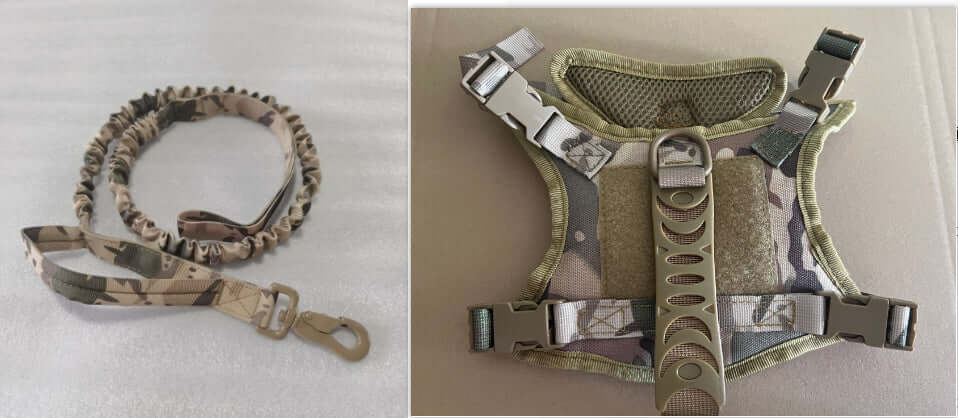 Harnais de poitrine ajustable et corde de maintien camouflée pour chiens, idéal pour sécurité et confort.