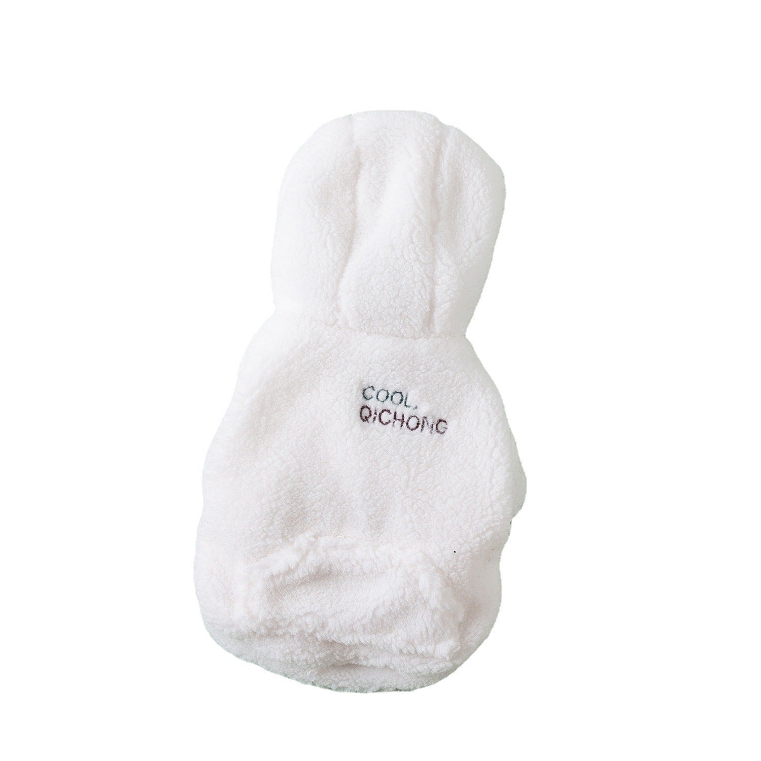 Vêtement d'hiver douillet pour animaux, hoodie en peluche blanche avec le texte 'COOL QICHONG'.