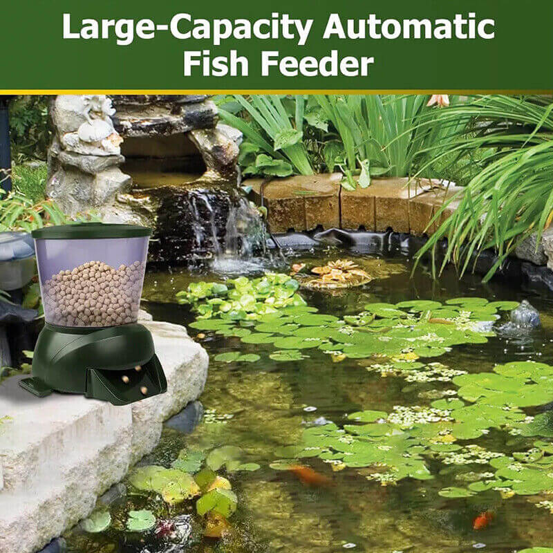 Distributeur automatique de nourriture pour poissons dans un étang, idéal pour l'alimentation des poissons.