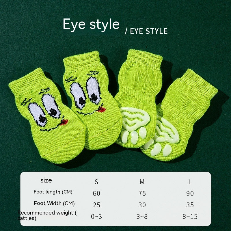 Chaussettes antidérapantes en polyester vert fluo avec motifs de cartoon pour animaux de compagnie, lot de 4.