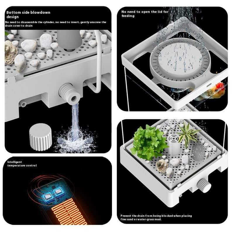 Réservoir à poissons Douyu avec design innovant pour l'alimentation, contrôle de température, et drainage facile.