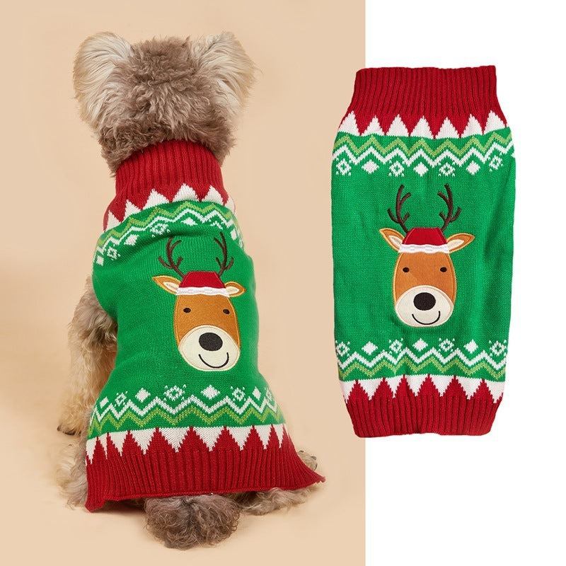 Vêtement de Noël pour chien en acrylique avec motifs de renne festifs, disponible en vert et rouge.
