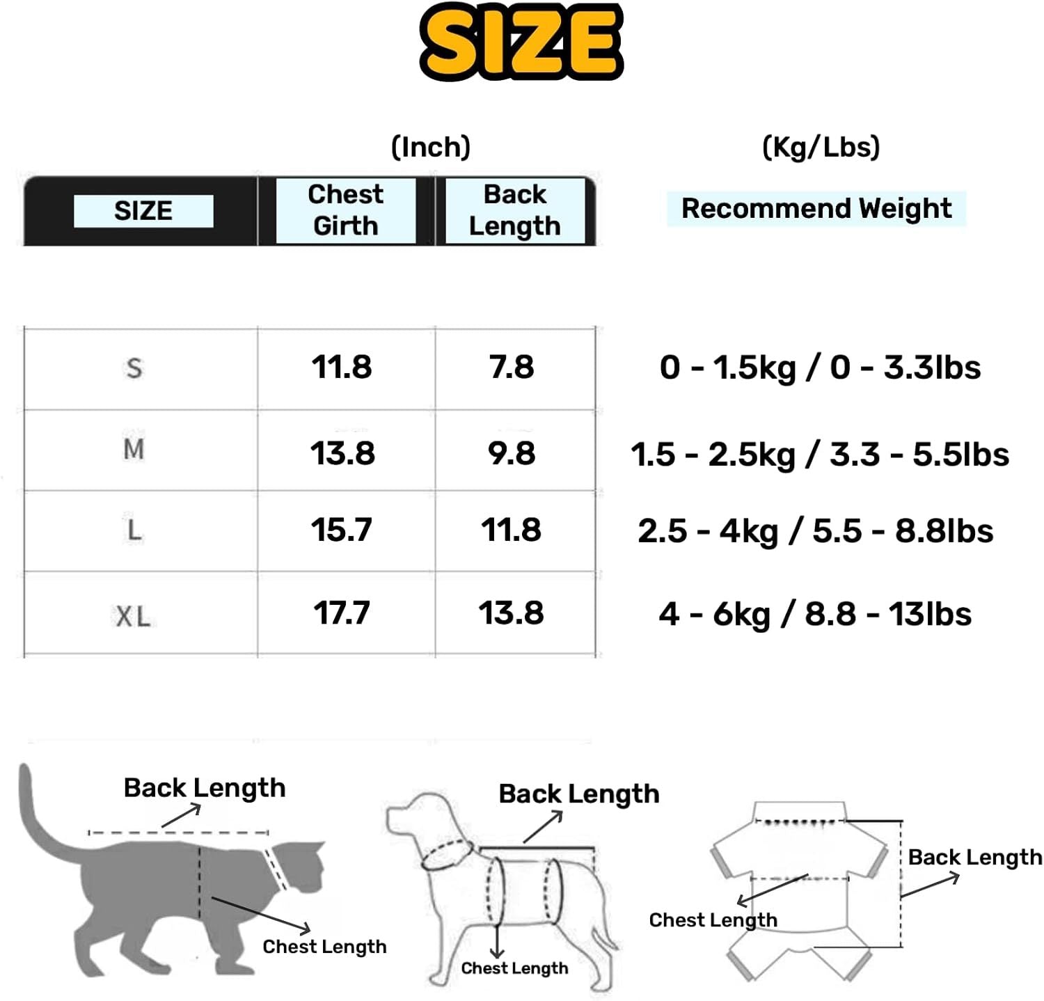 Size chart for dog vest shows measurements in inches and recommended weight for small to extra large sizes.