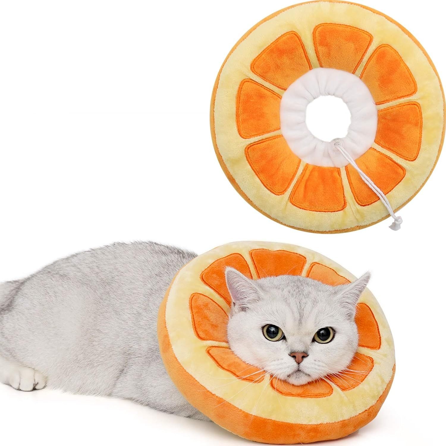 Collier de récupération doux en forme d'orange pour chat, offrant confort après une opération, ajustable et ludique.