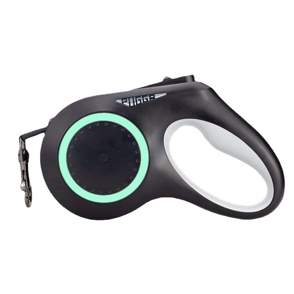 Sangle télescopique automatique pour animaux avec lumières, idéale pour promenades nocturnes.