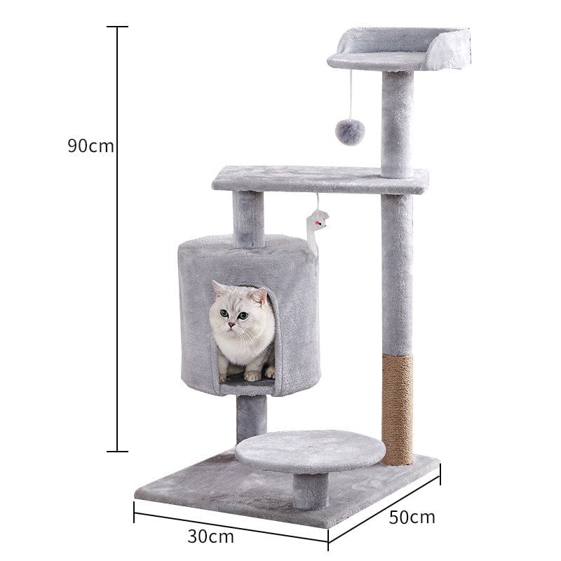 Arbre à chats Lepet en peluche grise avec griffoir, plateforme et jouet interactif pour un confort félin.