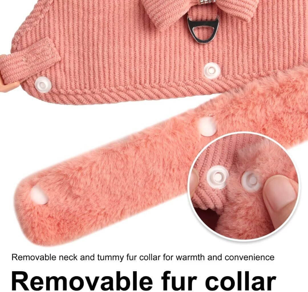 Harnais et laisse pour chien avec col en fourrure amovible pour confort et chaleur.