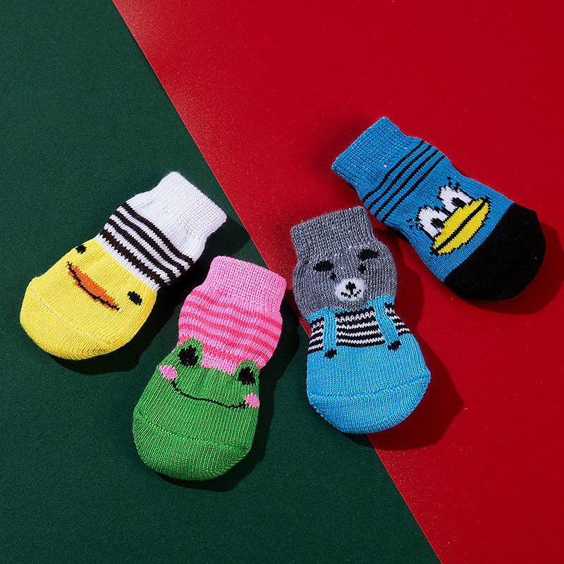 Chaussettes antidérapantes en polyester pour animaux, 4 designs amusants: canard, grenouille, ours et panda.