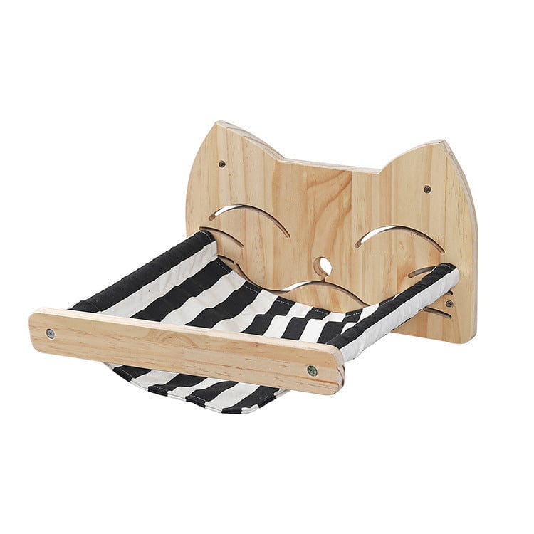 Griffoir en bois massif pour chats avec hamac rayé, design élégant pour animaux de compagnie.