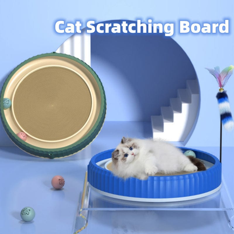Cat scratching board with a playful cat, ideal for protecting furniture and providing a cozy space for pets.