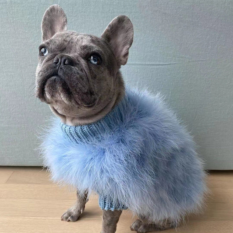 Chien en pull rond bleu duveteux, parfait pour garder votre animal au chaud en automne et hiver.