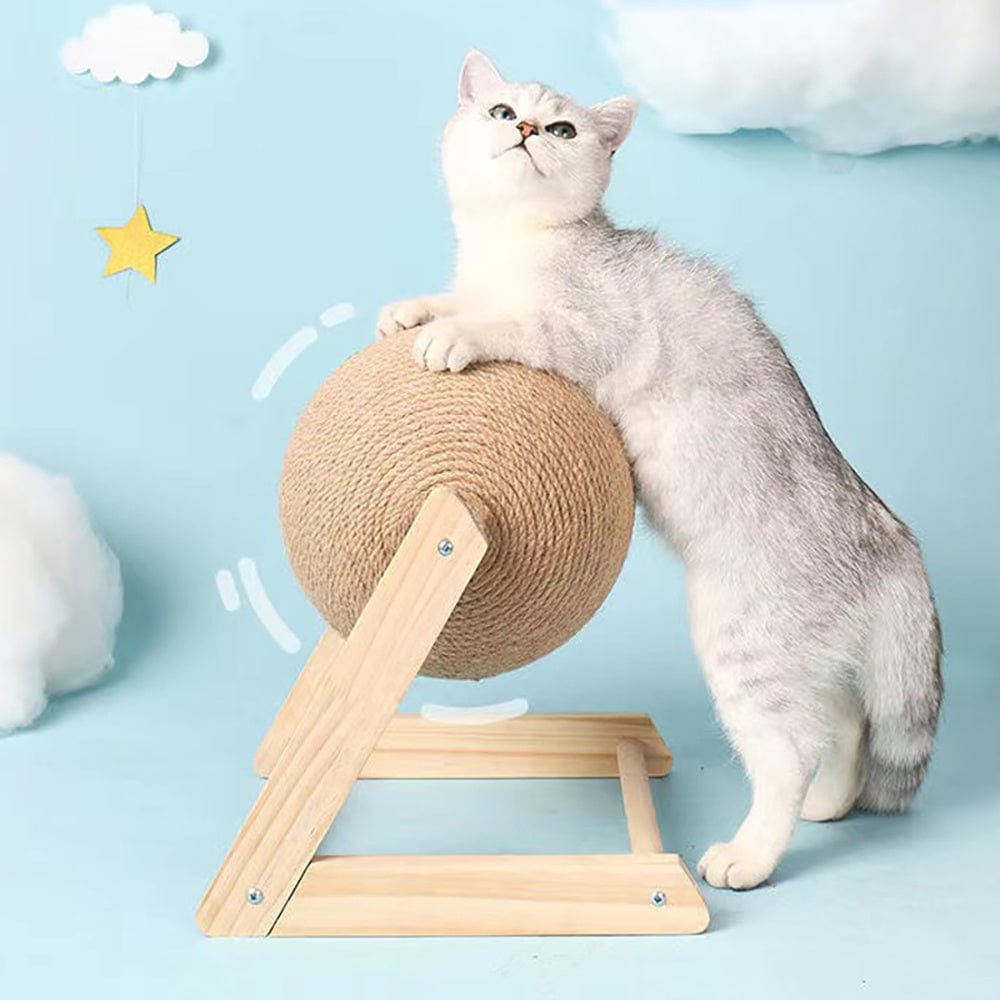 Chat jouant avec un jouet à gratter vertical en sisal, protégeant les meubles des rayures.