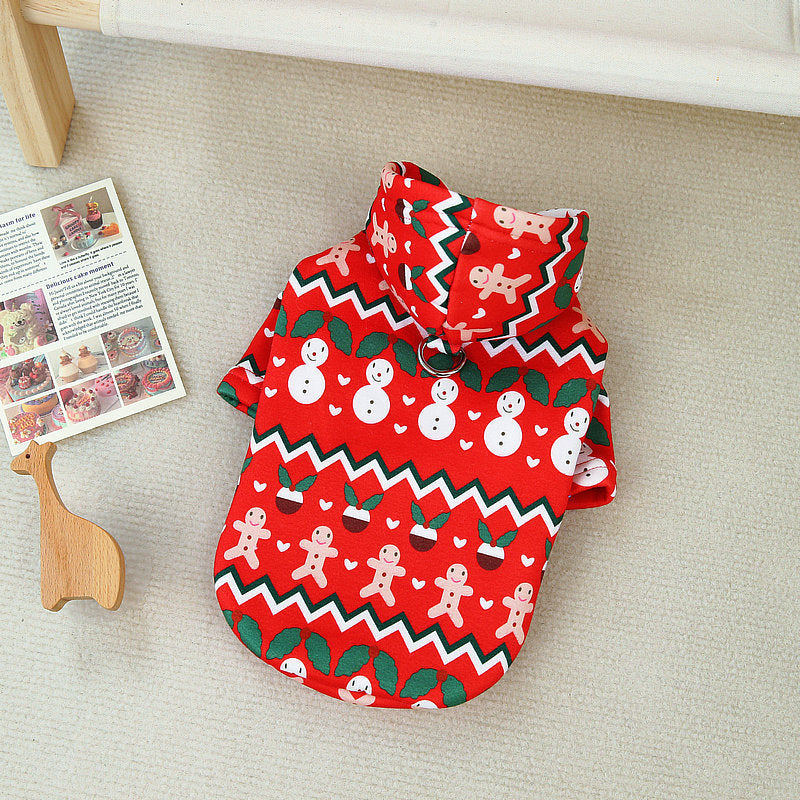 Sweatshirt de Noël pour chien avec motifs de bonhommes de neige et bonhommes en pain d'épice, couleur rouge et verte.