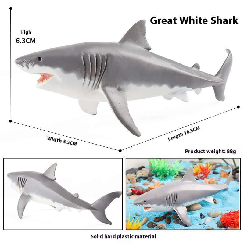 Great White Shark model, plastic toy, 16.5 cm long, educational marine plaything for children.