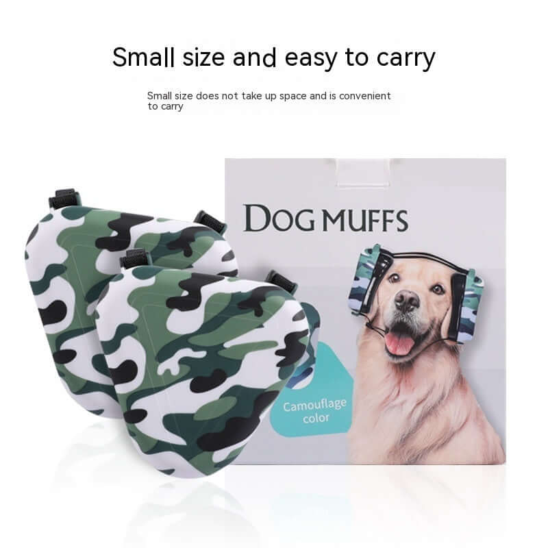 Cache-oreilles anti-bruit pour chien en camouflage, taille compacte et facile à transporter, idéal pour le confort en extérieur.