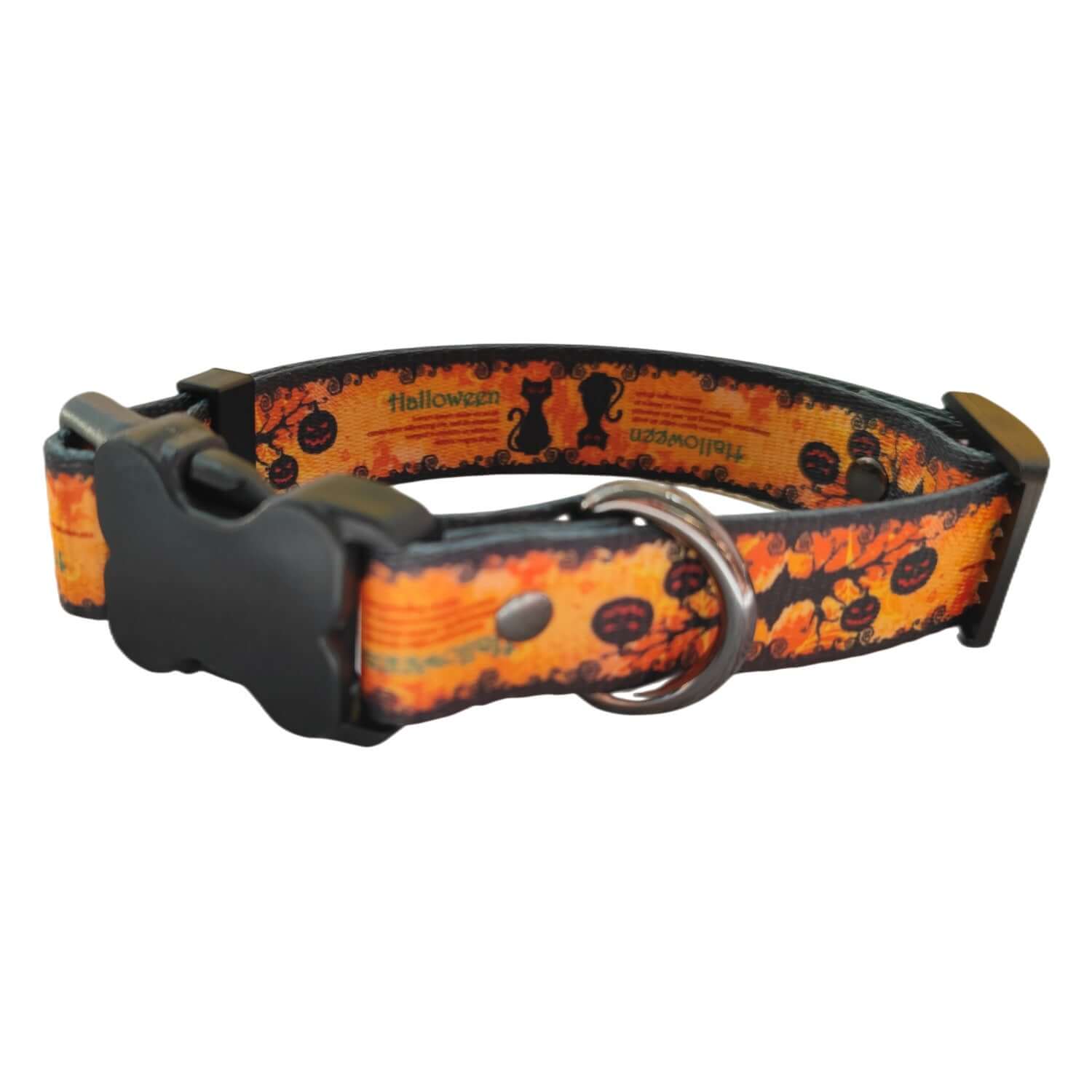 Harnais et laisse pour chien à imprimé Halloween avec motifs de citrouille et château fantôme, en polyester.