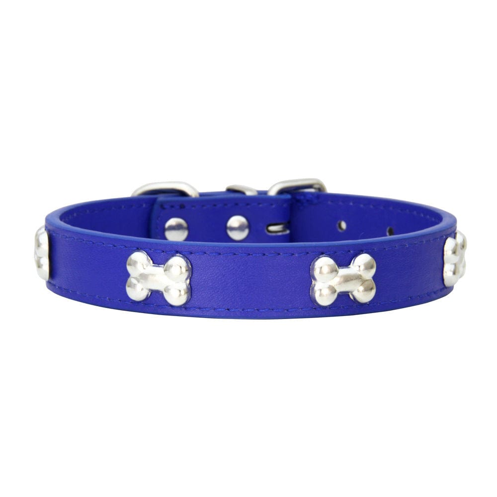 Collier pour chien en cuir PU bleu avec décorations en forme d'os, parfait pour le style et le confort de votre animal.