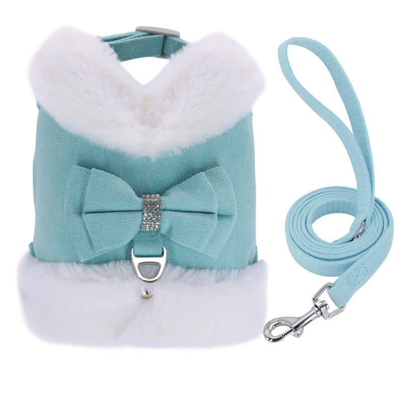 Harnais et laisse chouette pour chien en coton biologique avec nœud papillon, style et confort pour petits chiens.
