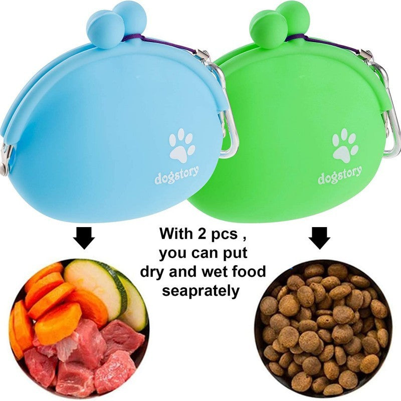 Sac à friandises en silicone pour animaux, couleurs bleu et vert, idéal pour transporter nourriture humide et sèche.